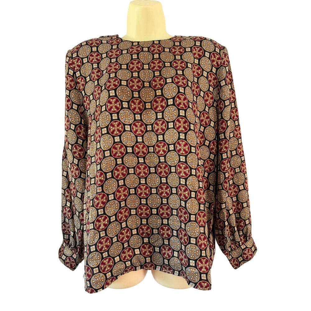 Worthington Vintage 80s Silky Poly Jacquard Print Blouse Size 14